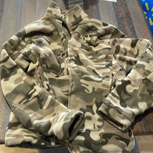 Camo green fleece opened zip jacket or sweater. Lots of zipper pockets